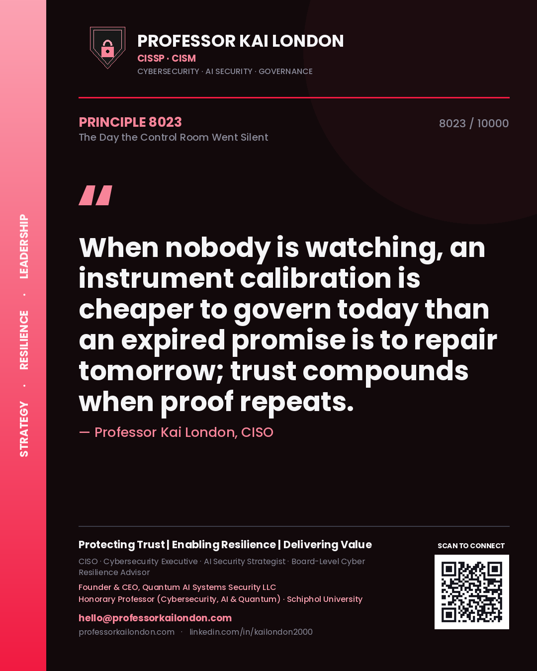 Quote card by Professor Kai London reading 'When nobody is watching, an instrument calibration is cheaper to govern today than an expired promise is to repair tomorrow; trust compounds when proof repeats.'. From the book The Day the Control Room Went Silent.