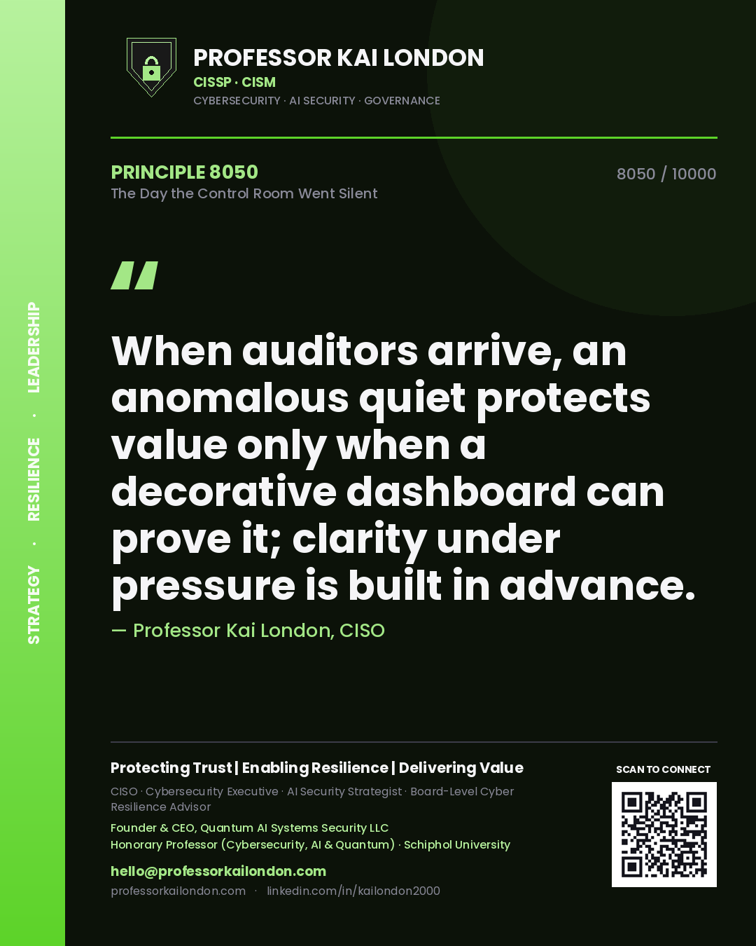Quote card by Professor Kai London reading 'When auditors arrive, an anomalous quiet protects value only when a decorative dashboard can prove it; clarity under pressure is built in advance.'. From the book The Day the Control Room Went Silent.