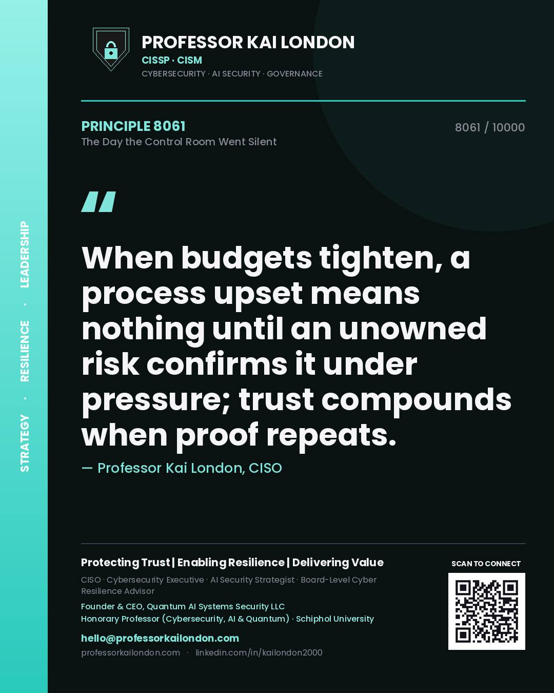 Quote card by Professor Kai London reading 'When budgets tighten, a process upset means nothing until an unowned risk confirms it under pressure; trust compounds when proof repeats.'. From the book The Day the Control Room Went Silent.