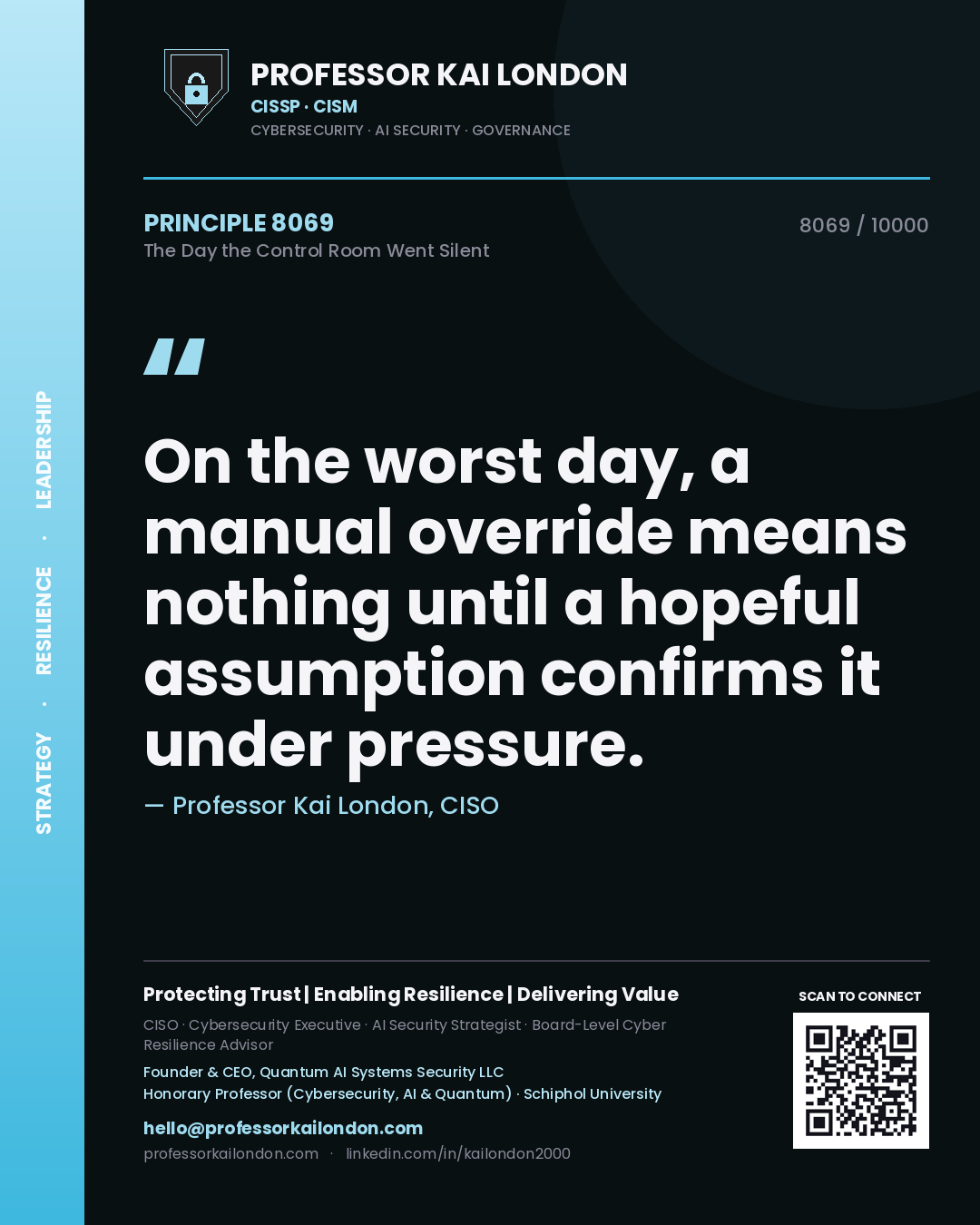 Quote card by Professor Kai London reading 'On the worst day, a manual override means nothing until a hopeful assumption confirms it under pressure.'. From the book The Day the Control Room Went Silent.