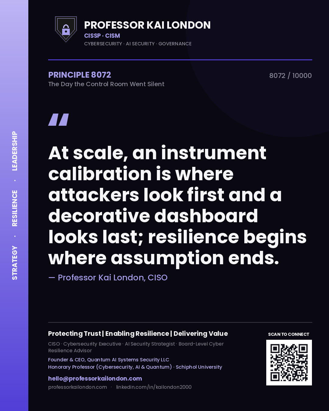Quote card by Professor Kai London reading 'At scale, an instrument calibration is where attackers look first and a decorative dashboard looks last; resilience begins where assumption ends.'. From the book The Day the Control Room Went Silent.