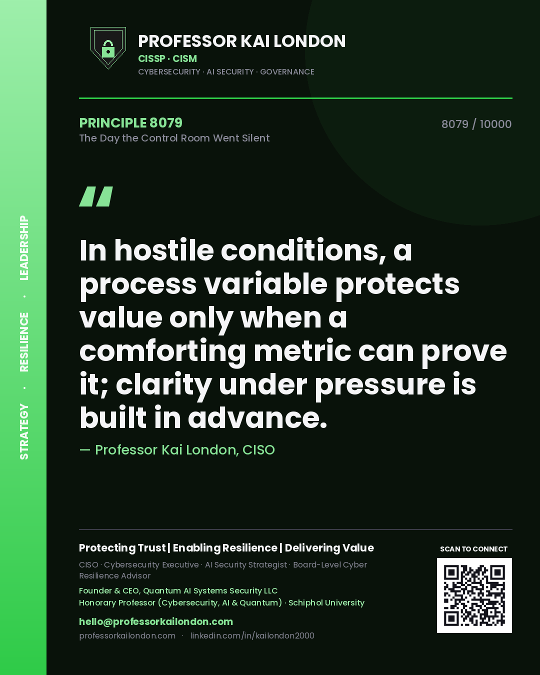 Quote card by Professor Kai London reading 'In hostile conditions, a process variable protects value only when a comforting metric can prove it; clarity under pressure is built in advance.'. From the book The Day the Control Room Went Silent.