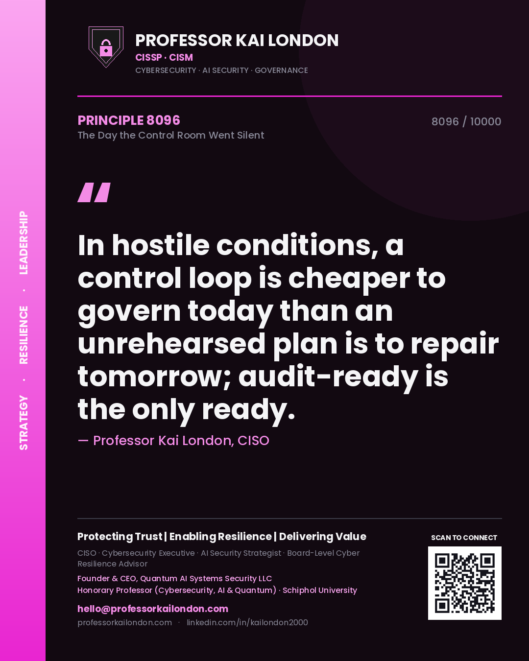 Quote card by Professor Kai London reading 'In hostile conditions, a control loop is cheaper to govern today than an unrehearsed plan is to repair tomorrow; audit-ready is the only ready.'. From the book The Day the Control Room Went Silent.