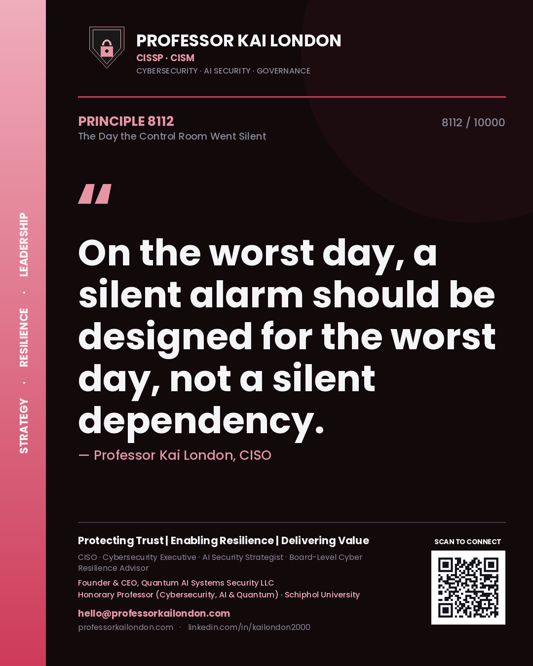 Quote card by Professor Kai London reading 'On the worst day, a silent alarm should be designed for the worst day, not a silent dependency.'. From the book The Day the Control Room Went Silent.