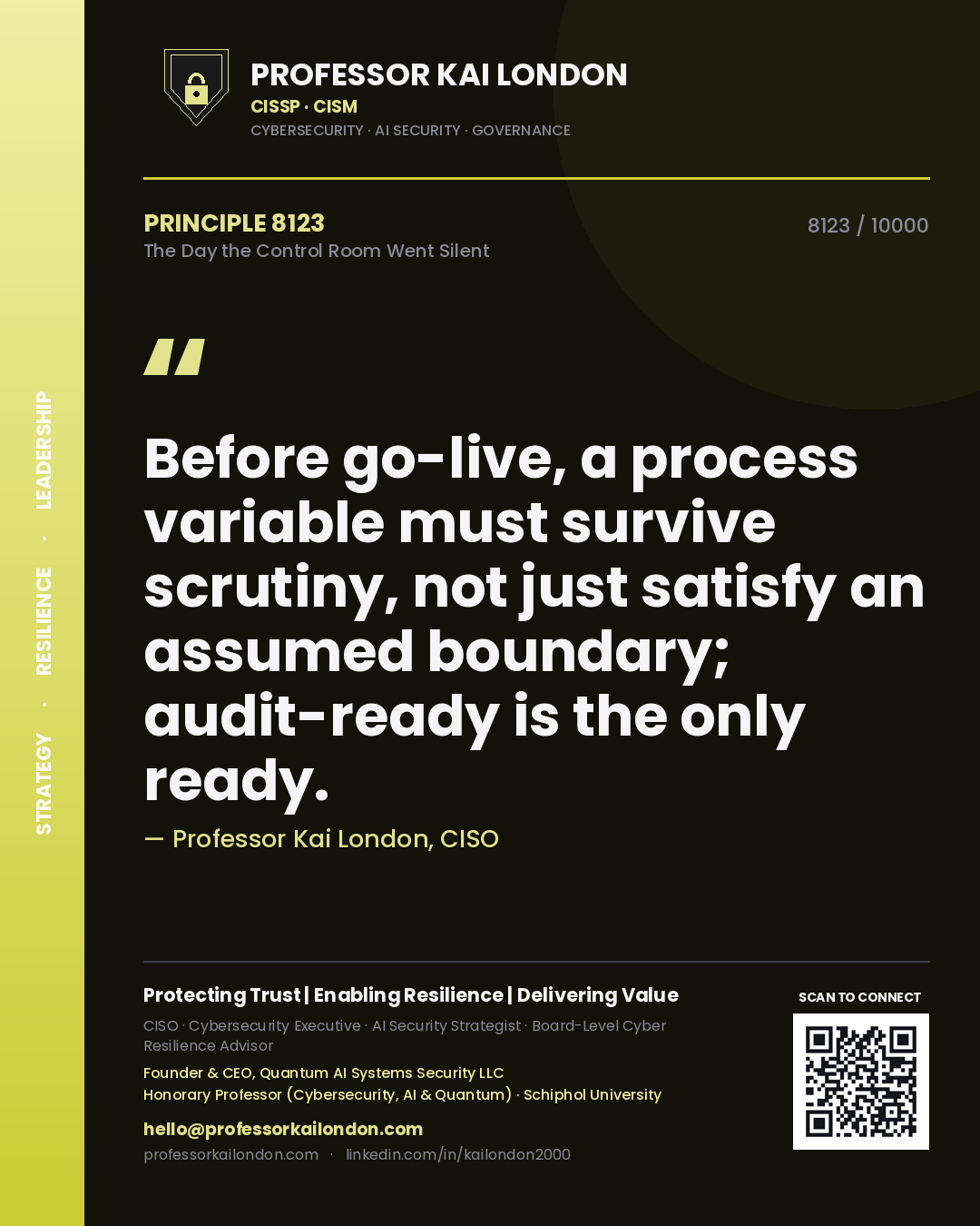 Quote card by Professor Kai London reading 'Before go-live, a process variable must survive scrutiny, not just satisfy an assumed boundary; audit-ready is the only ready.'. From the book The Day the Control Room Went Silent.