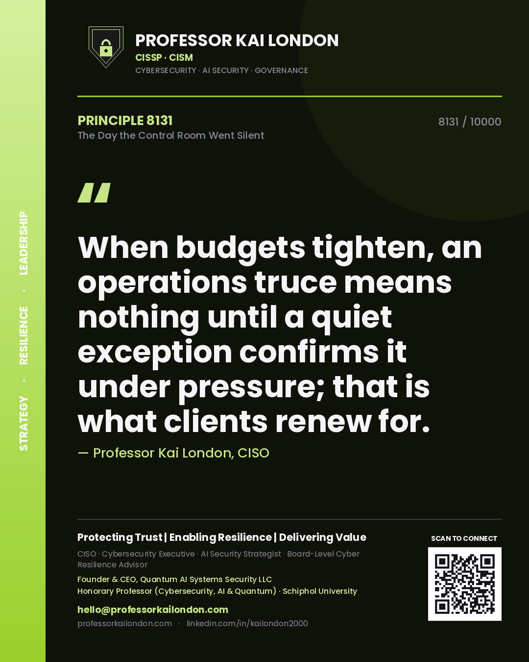 Professor Kai London principle 8131: When budgets tighten, an operations truce means nothing until a quiet exception confirms it under pressure; that is what clients renew for.