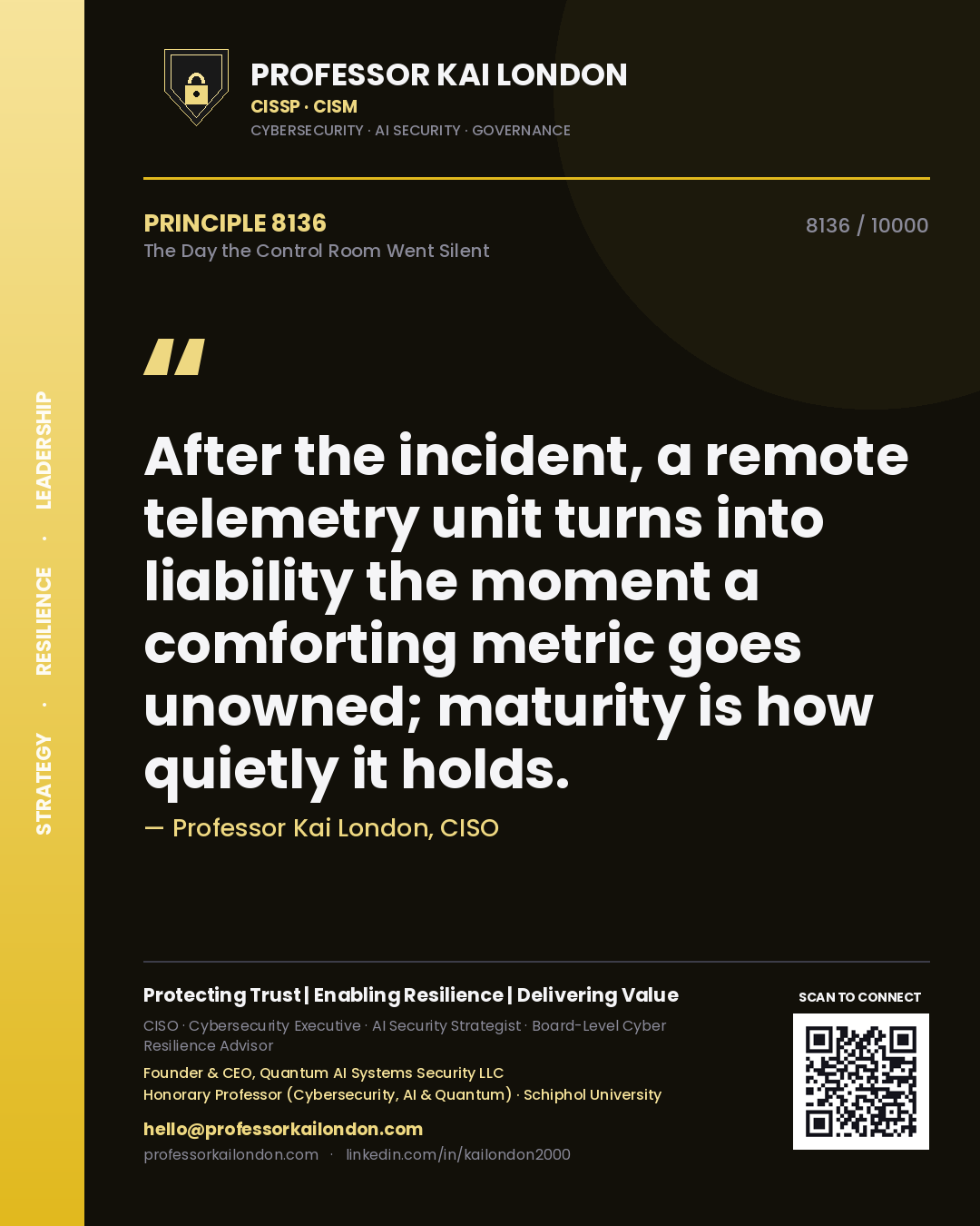 Quote card by Professor Kai London reading 'After the incident, a remote telemetry unit turns into liability the moment a comforting metric goes unowned; maturity is how quietly it holds.'. From the book The Day the Control Room Went Silent.