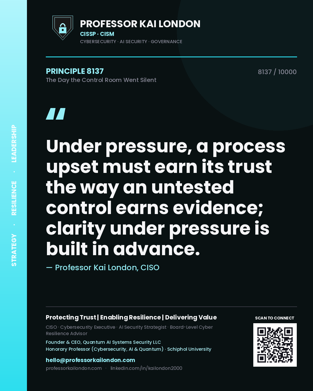 Professor Kai London principle 8137: Under pressure, a process upset must earn its trust the way an untested control earns evidence; clarity under pressure is built in advance.