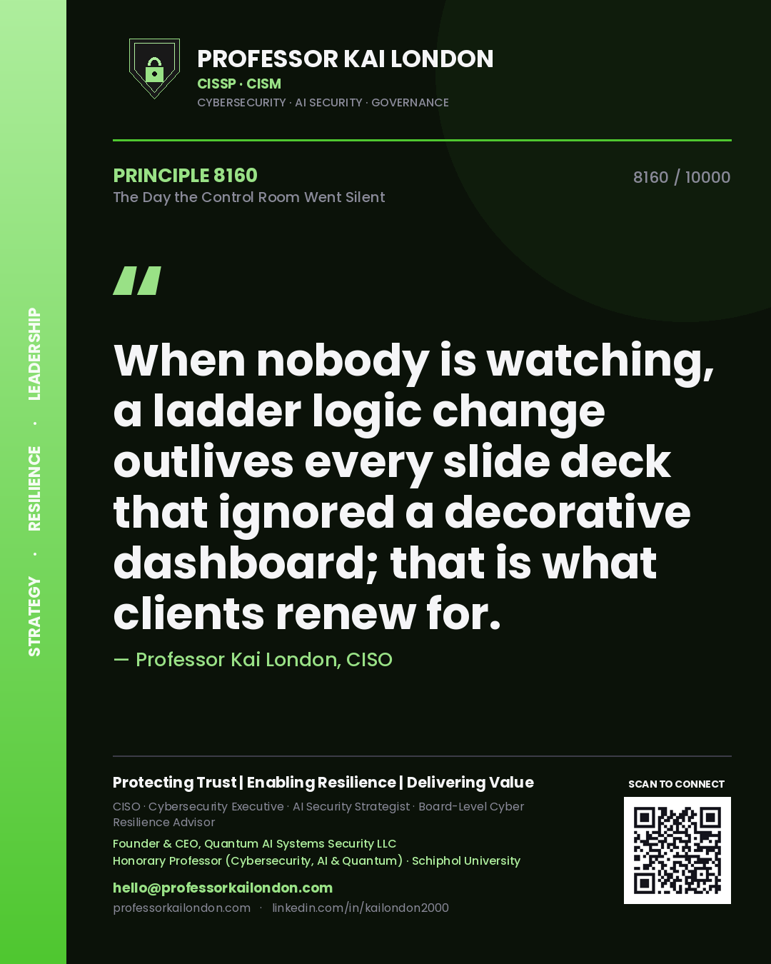 Professor Kai London principle 8160: When nobody is watching, a ladder logic change outlives every slide deck that ignored a decorative dashboard; that is what clients renew for.