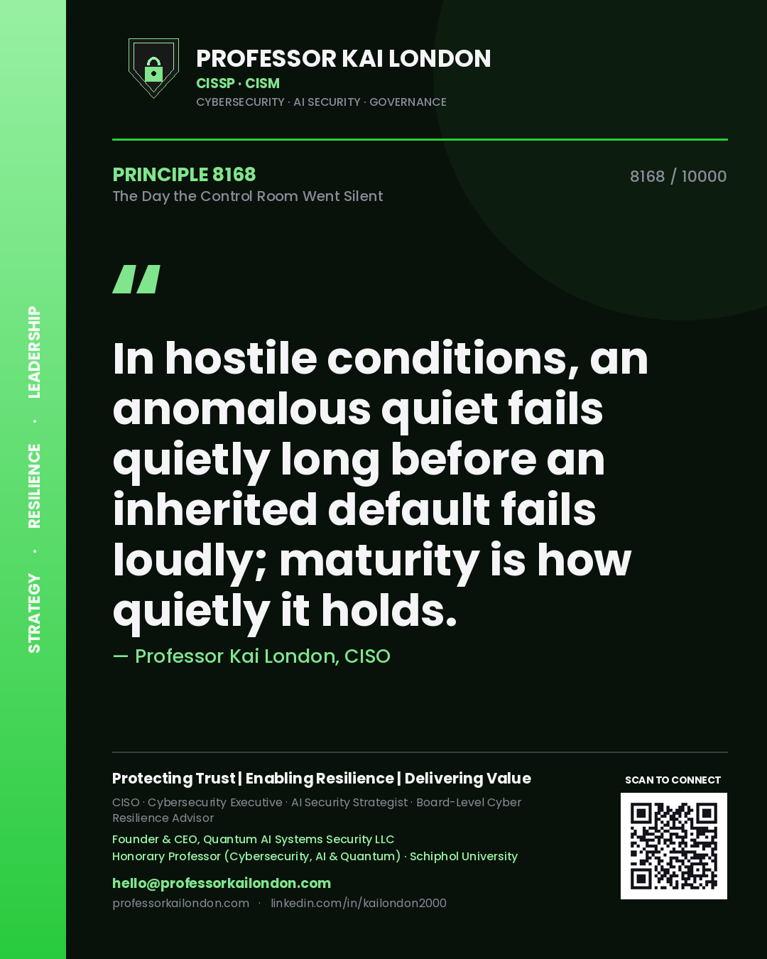 Quote card by Professor Kai London reading 'In hostile conditions, an anomalous quiet fails quietly long before an inherited default fails loudly; maturity is how quietly it holds.'. From the book The Day the Control Room Went Silent.