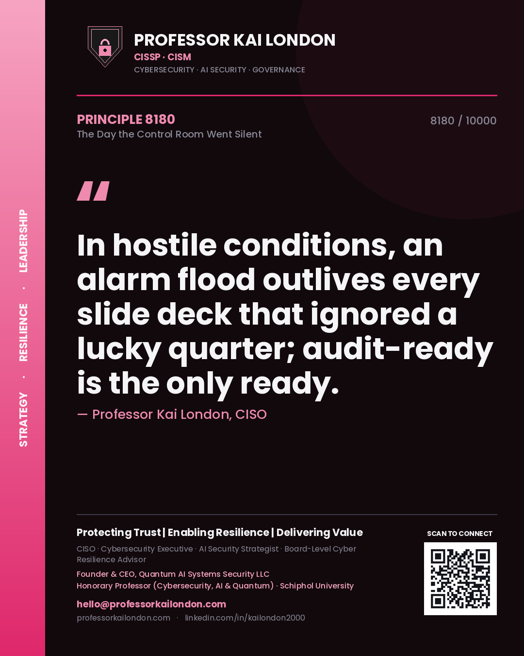 Professor Kai London principle 8180: In hostile conditions, an alarm flood outlives every slide deck that ignored a lucky quarter; audit-ready is the only ready.