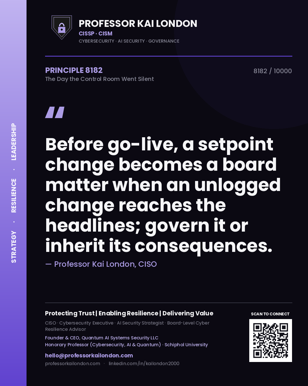 Professor Kai London principle 8182: Before go-live, a setpoint change becomes a board matter when an unlogged change reaches the headlines; govern it or inherit its consequences.