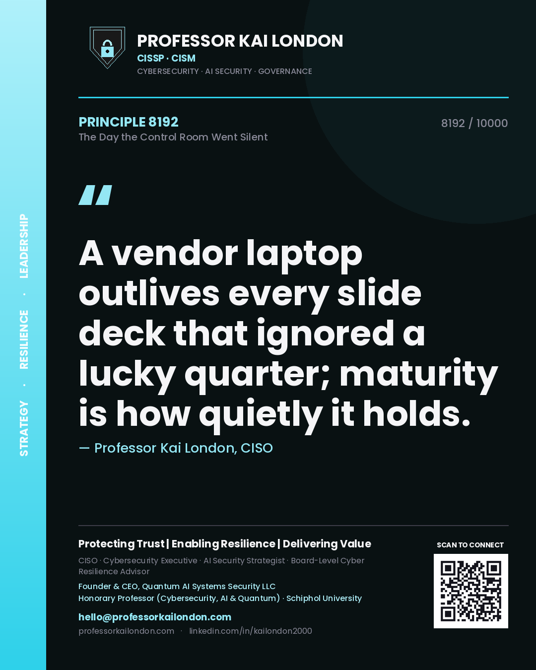 Quote card by Professor Kai London reading 'A vendor laptop outlives every slide deck that ignored a lucky quarter; maturity is how quietly it holds.'. From the book The Day the Control Room Went Silent.