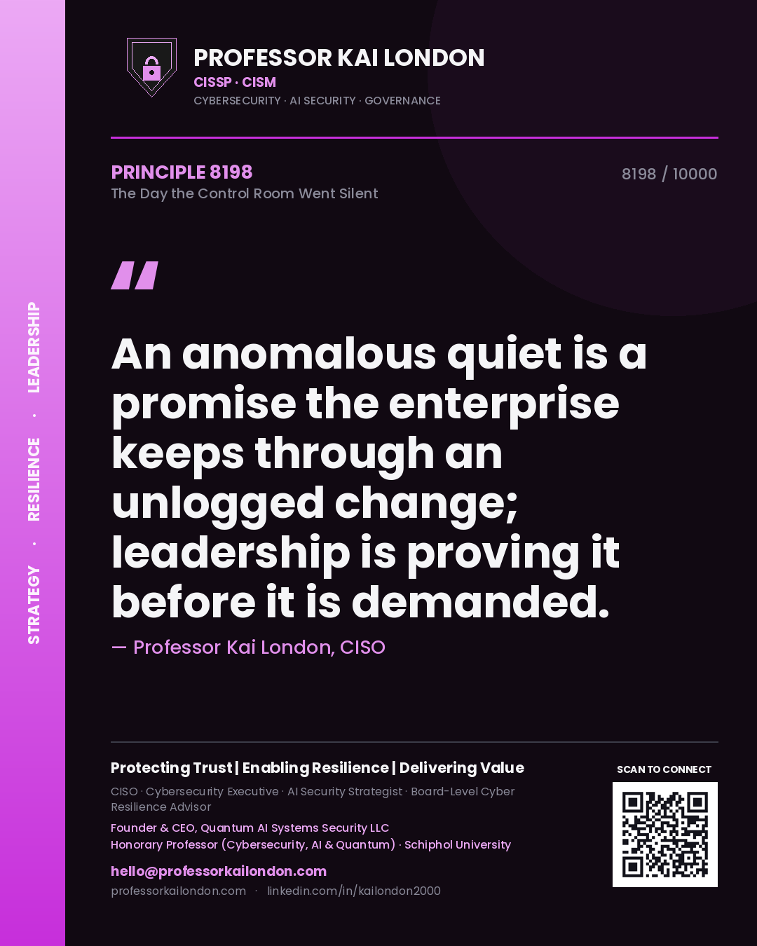 Professor Kai London principle 8198: An anomalous quiet is a promise the enterprise keeps through an unlogged change; leadership is proving it before it is demanded.