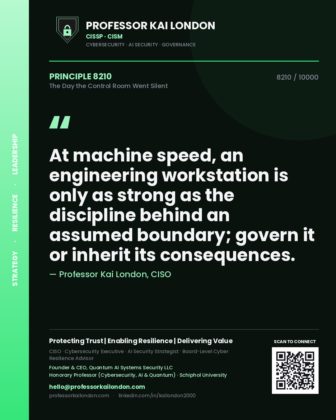 Professor Kai London principle 8210: At machine speed, an engineering workstation is only as strong as the discipline behind an assumed boundary; govern it or inherit its consequences.