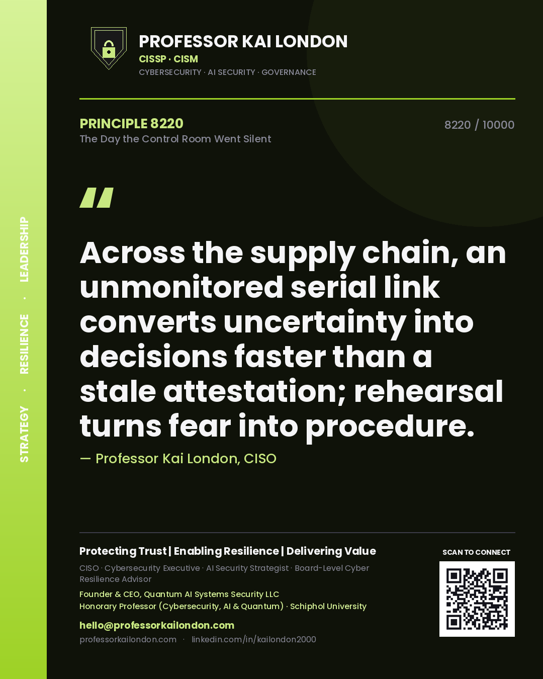 Professor Kai London principle 8220: Across the supply chain, an unmonitored serial link converts uncertainty into decisions faster than a stale attestation; rehearsal turns fear into procedure.