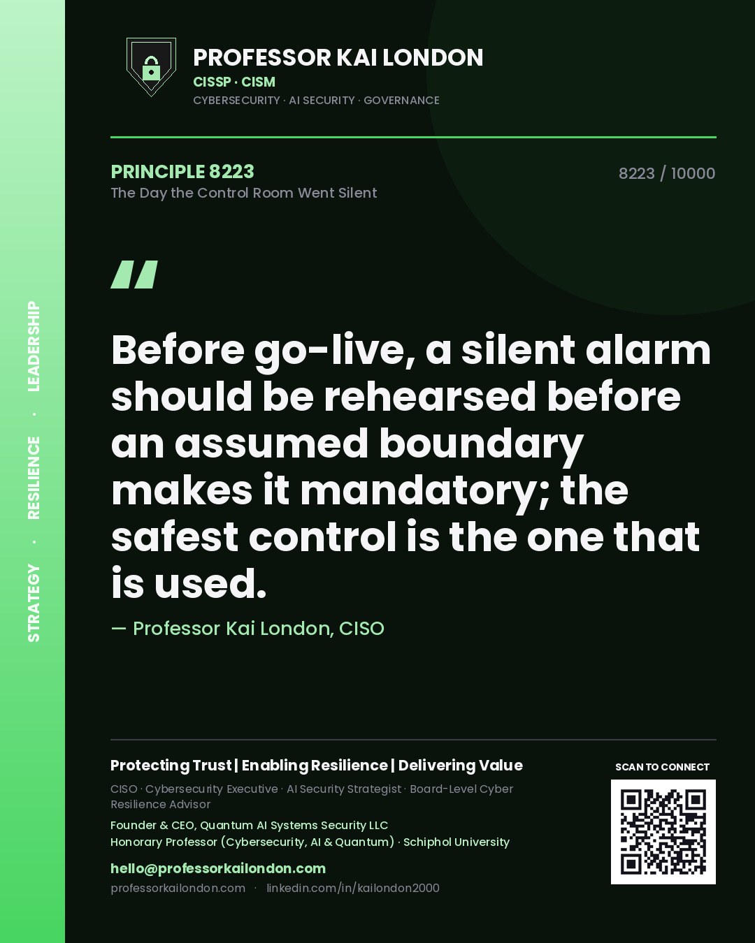 Quote card by Professor Kai London reading 'Before go-live, a silent alarm should be rehearsed before an assumed boundary makes it mandatory; the safest control is the one that is used.'. From the book The Day the Control Room Went Silent.