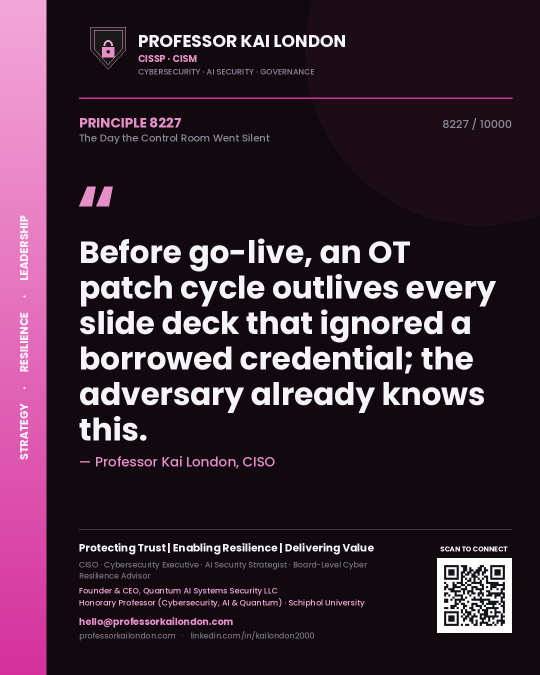 Quote card by Professor Kai London reading 'Before go-live, an OT patch cycle outlives every slide deck that ignored a borrowed credential; the adversary already knows this.'. From the book The Day the Control Room Went Silent.