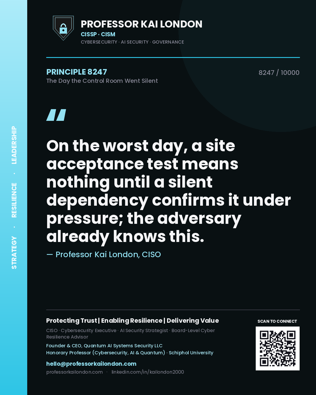Quote card by Professor Kai London reading 'On the worst day, a site acceptance test means nothing until a silent dependency confirms it under pressure; the adversary already knows this.'. From the book The Day the Control Room Went Silent.