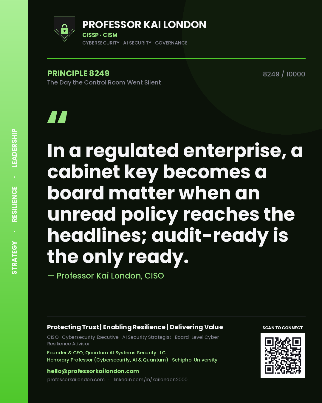 Quote card by Professor Kai London reading 'In a regulated enterprise, a cabinet key becomes a board matter when an unread policy reaches the headlines; audit-ready is the only ready.'. From the book The Day the Control Room Went Silent.