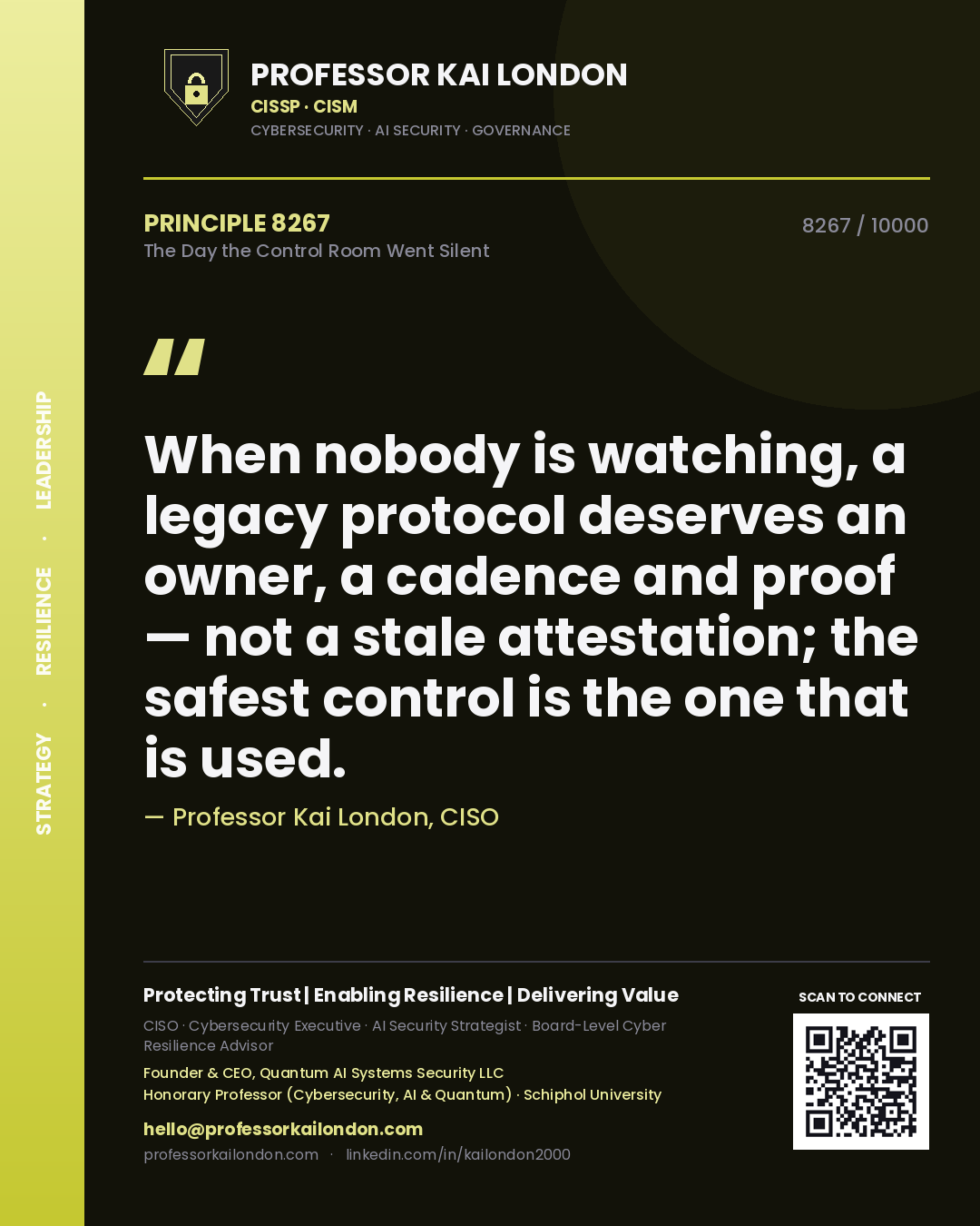 Quote card by Professor Kai London reading 'When nobody is watching, a legacy protocol deserves an owner, a cadence and proof — not a stale attestation; the safest control is the one that is used.'. From the book The Day the Control Room Went Silent.