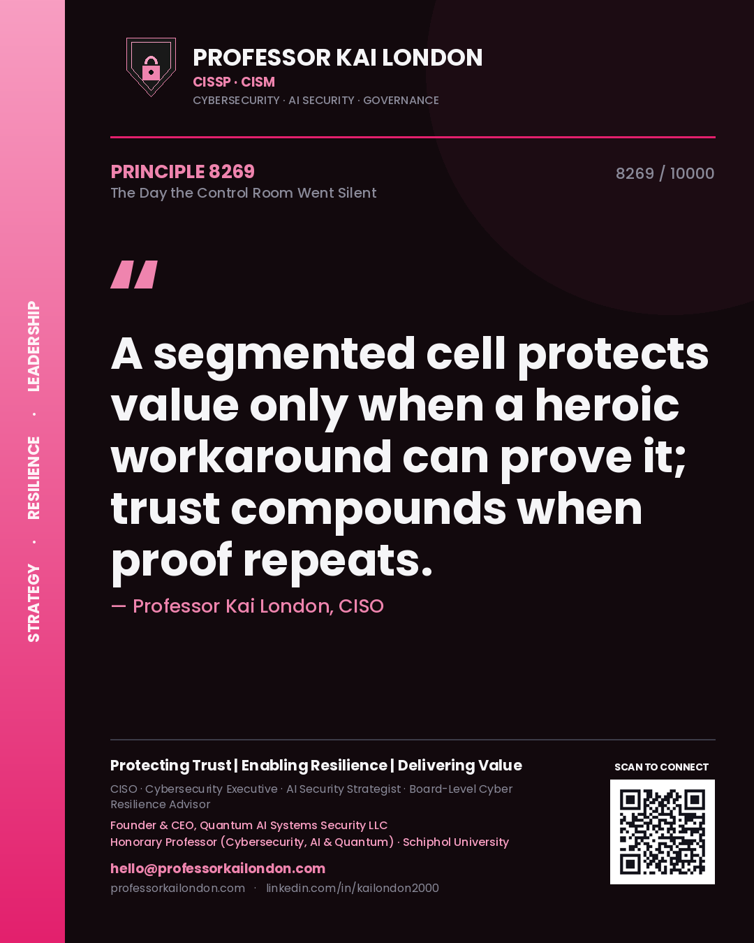 Professor Kai London principle 8269: A segmented cell protects value only when a heroic workaround can prove it; trust compounds when proof repeats.