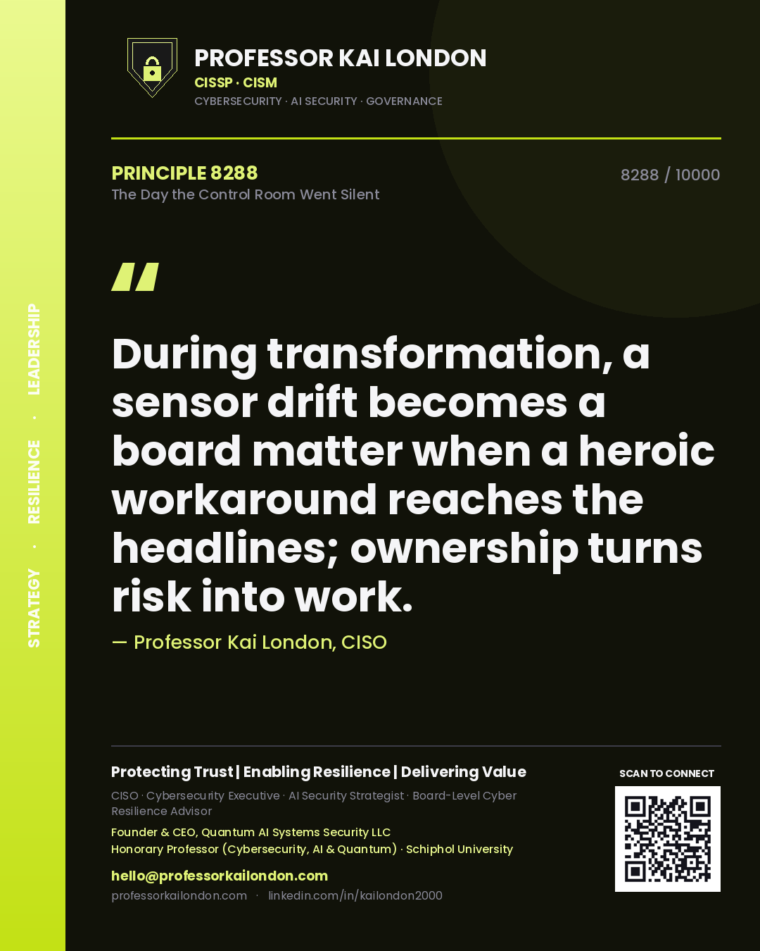 Professor Kai London principle 8288: During transformation, a sensor drift becomes a board matter when a heroic workaround reaches the headlines; ownership turns risk into work.