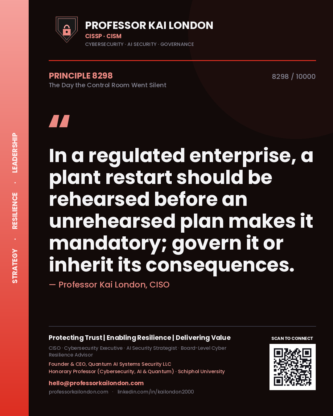 Quote card by Professor Kai London reading 'In a regulated enterprise, a plant restart should be rehearsed before an unrehearsed plan makes it mandatory; govern it or inherit its consequences.'. From the book The Day the Control Room Went Silent.