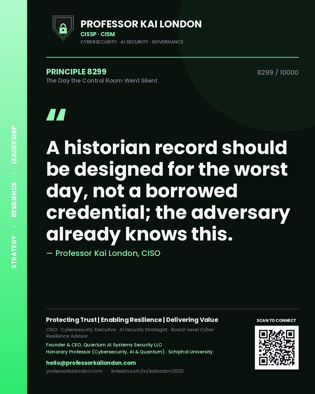 Quote card by Professor Kai London reading 'A historian record should be designed for the worst day, not a borrowed credential; the adversary already knows this.'. From the book The Day the Control Room Went Silent.