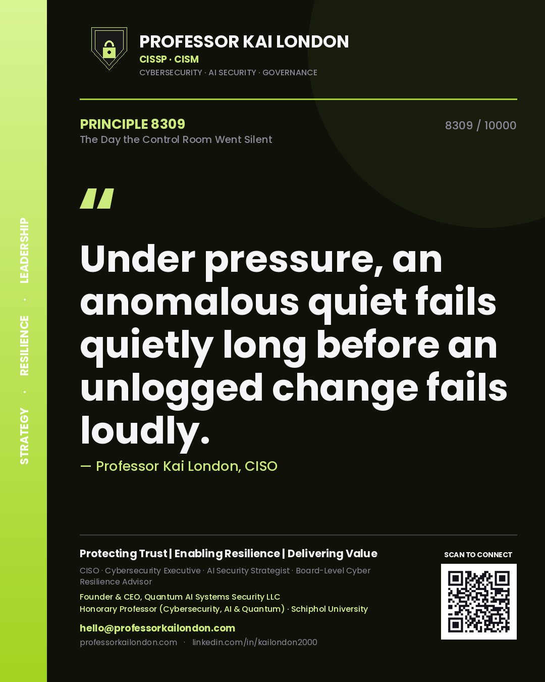 Quote card by Professor Kai London reading 'Under pressure, an anomalous quiet fails quietly long before an unlogged change fails loudly.'. From the book The Day the Control Room Went Silent.