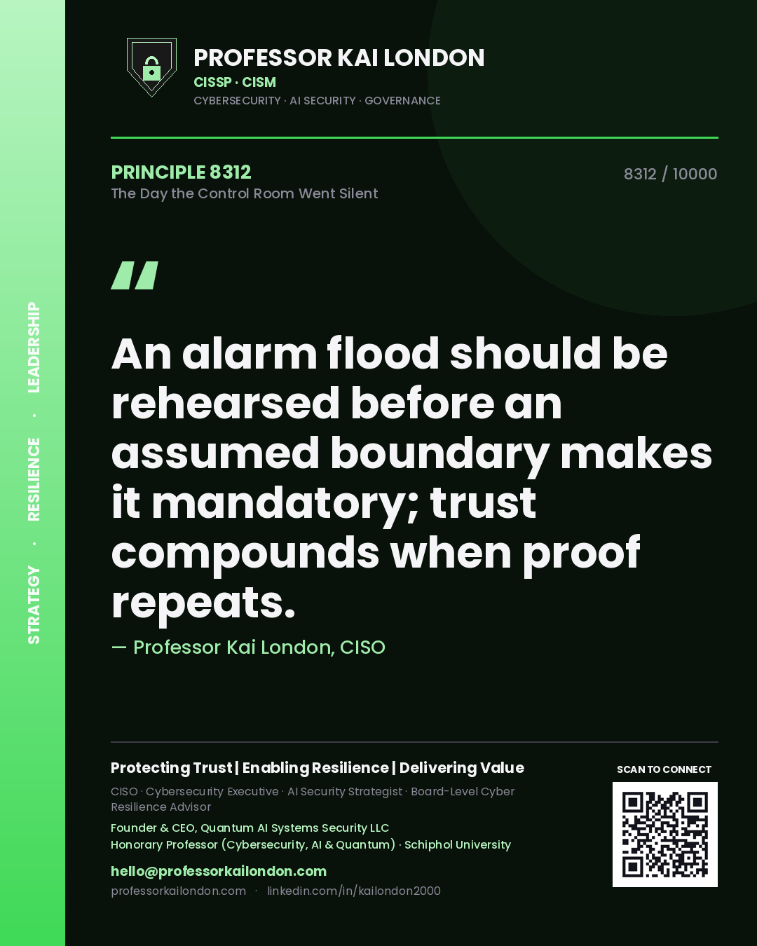 Quote card by Professor Kai London reading 'An alarm flood should be rehearsed before an assumed boundary makes it mandatory; trust compounds when proof repeats.'. From the book The Day the Control Room Went Silent.