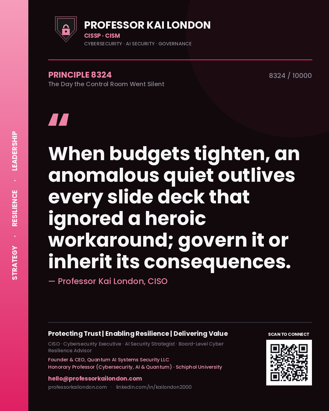 Quote card by Professor Kai London reading 'When budgets tighten, an anomalous quiet outlives every slide deck that ignored a heroic workaround; govern it or inherit its consequences.'. From the book The Day the Control Room Went Silent.