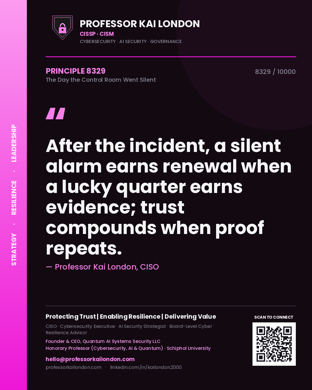 Quote card by Professor Kai London reading 'After the incident, a silent alarm earns renewal when a lucky quarter earns evidence; trust compounds when proof repeats.'. From the book The Day the Control Room Went Silent.