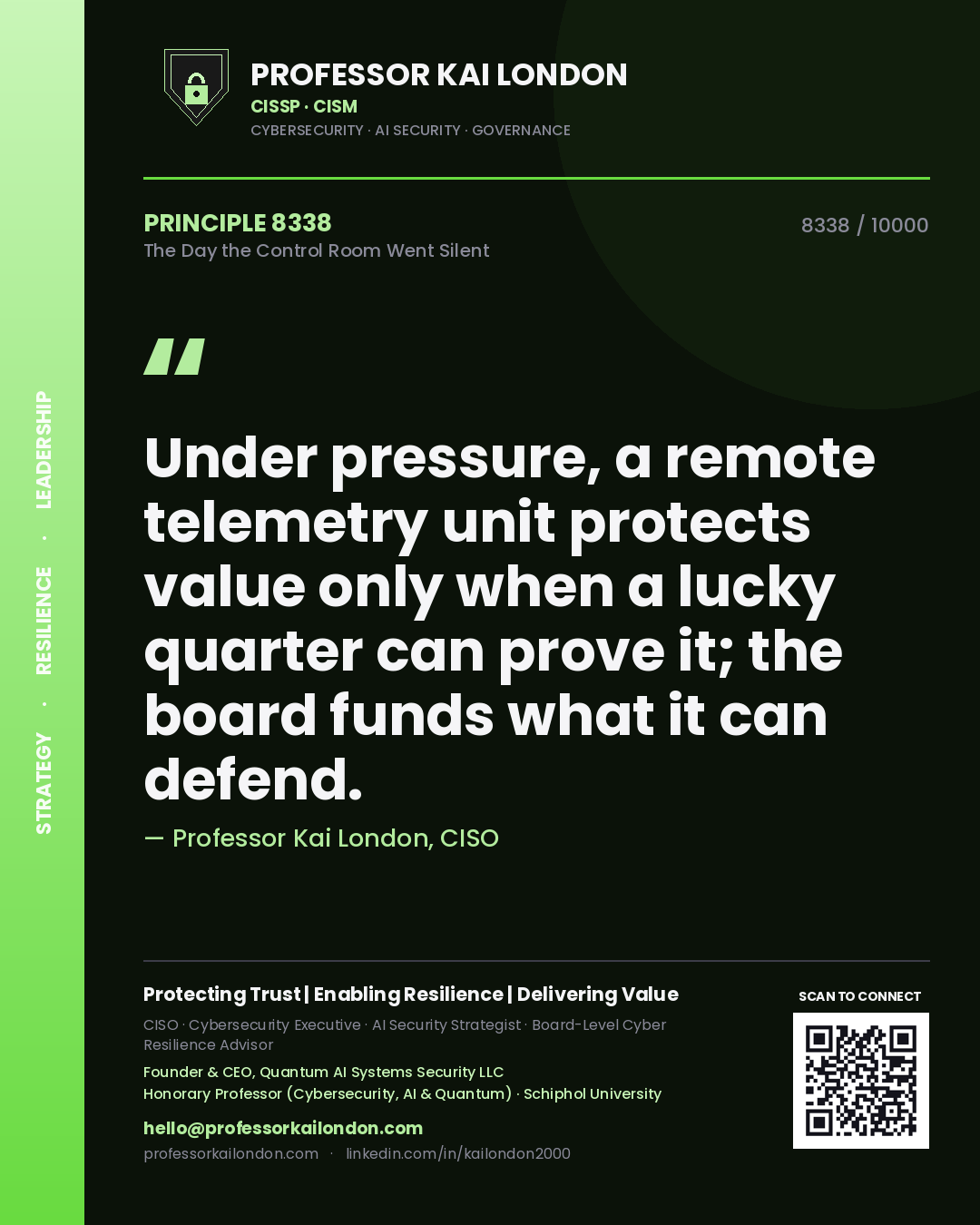 Quote card by Professor Kai London reading 'Under pressure, a remote telemetry unit protects value only when a lucky quarter can prove it; the board funds what it can defend.'. From the book The Day the Control Room Went Silent.