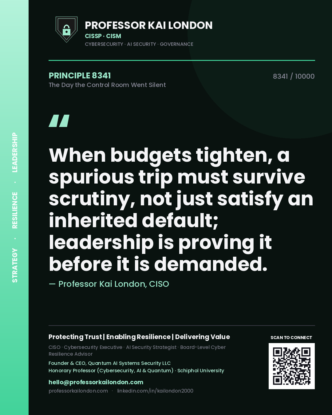 Quote card by Professor Kai London reading 'When budgets tighten, a spurious trip must survive scrutiny, not just satisfy an inherited default; leadership is proving it before it is demanded.'. From the book The Day the Control Room Went Silent.
