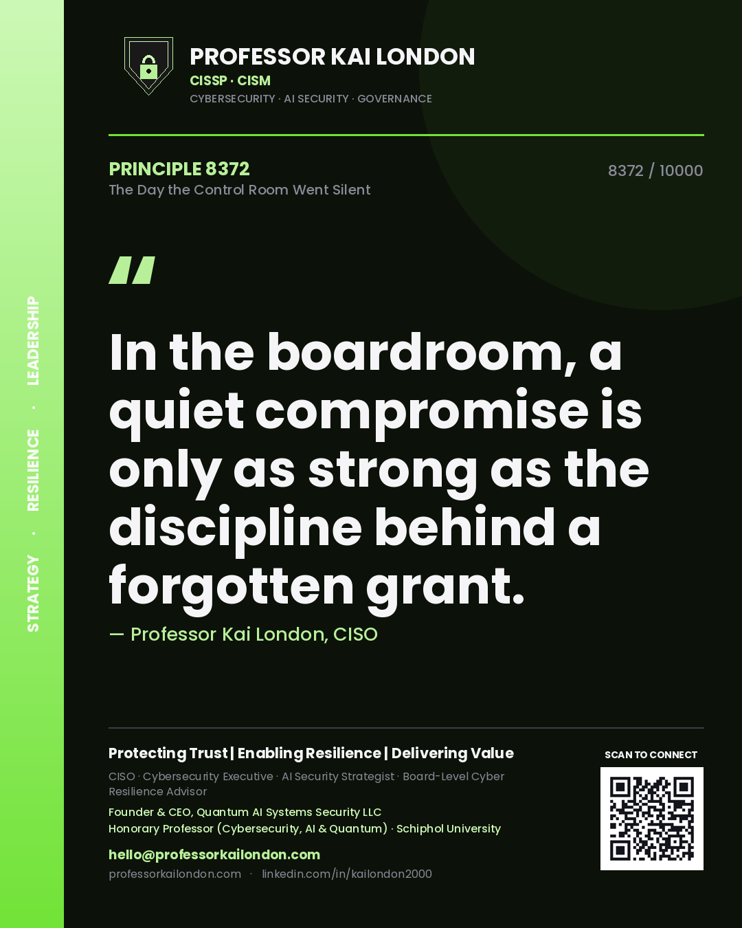 Quote card by Professor Kai London reading 'In the boardroom, a quiet compromise is only as strong as the discipline behind a forgotten grant.'. From the book The Day the Control Room Went Silent.