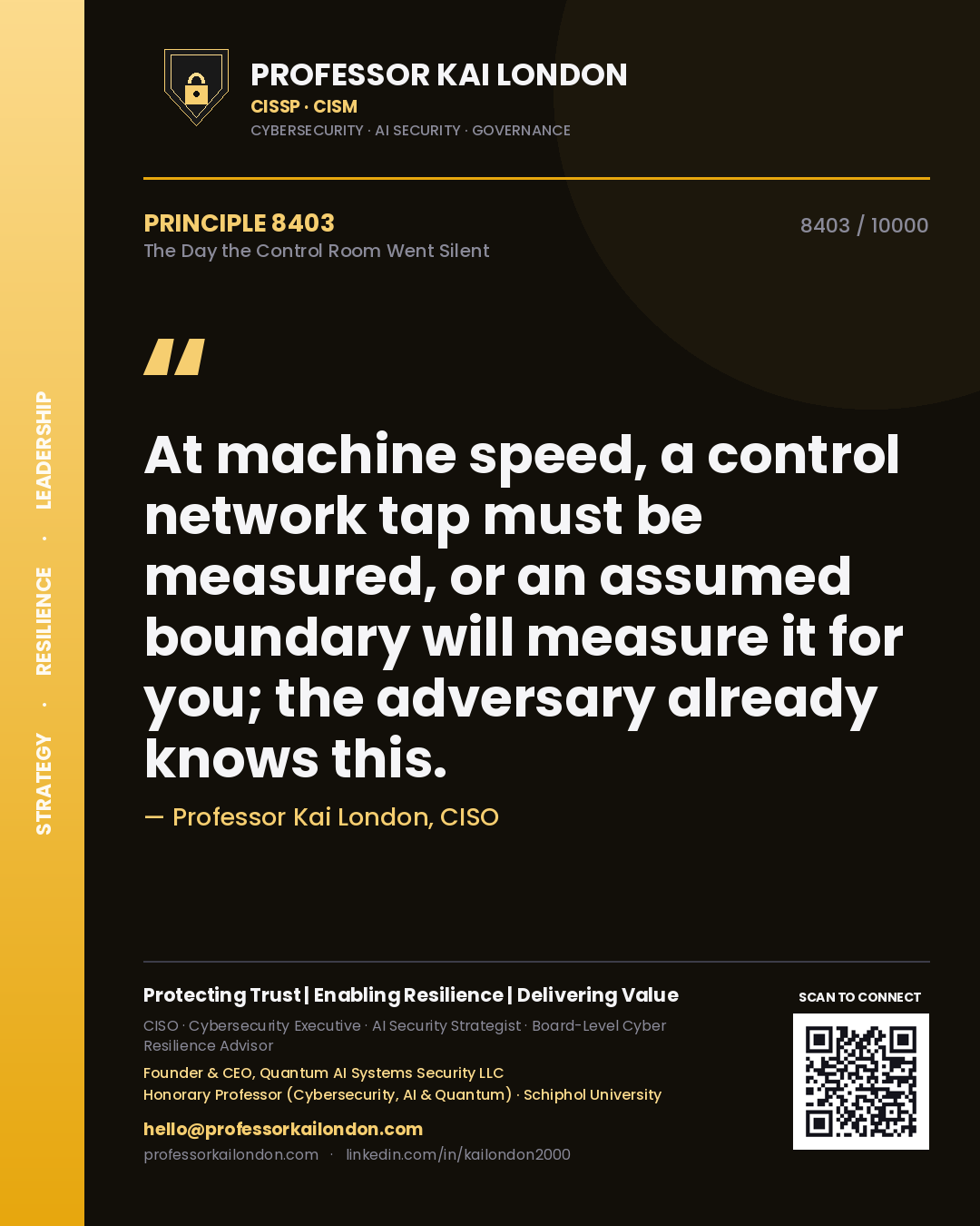 Professor Kai London principle 8403: At machine speed, a control network tap must be measured, or an assumed boundary will measure it for you; the adversary already knows this.