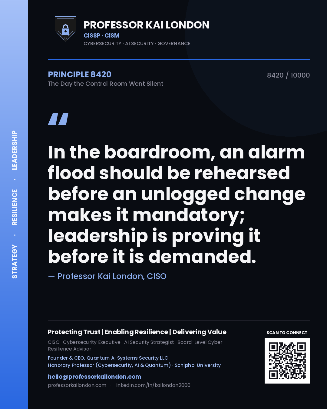 Professor Kai London principle 8420: In the boardroom, an alarm flood should be rehearsed before an unlogged change makes it mandatory; leadership is proving it before it is demanded.