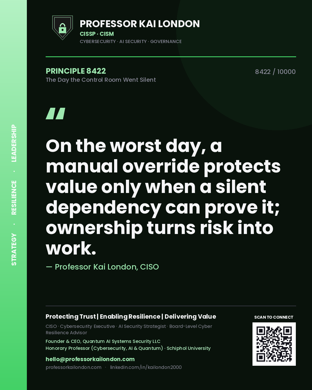 Professor Kai London principle 8422: On the worst day, a manual override protects value only when a silent dependency can prove it; ownership turns risk into work.