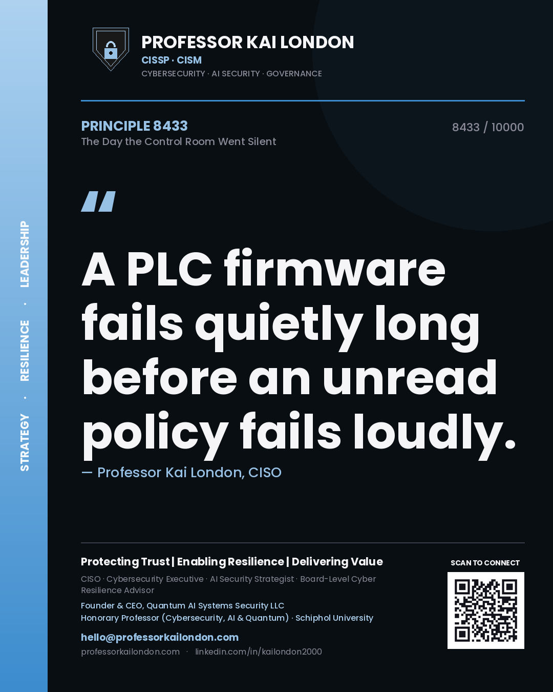 Professor Kai London principle 8433: A PLC firmware fails quietly long before an unread policy fails loudly.