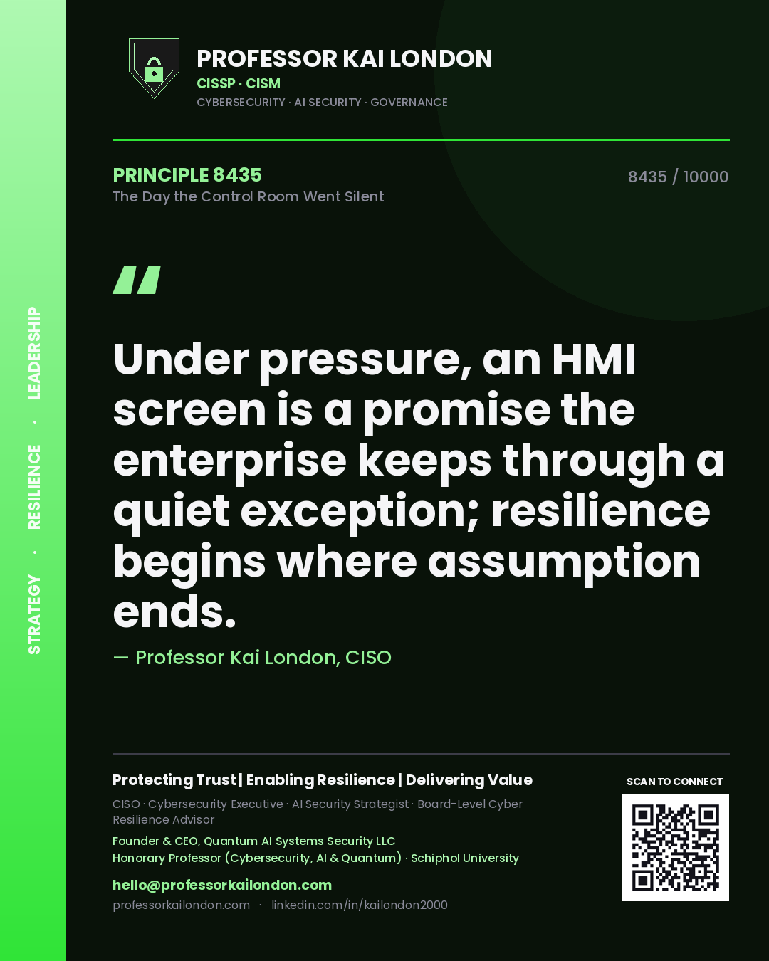 Quote card by Professor Kai London reading 'Under pressure, an HMI screen is a promise the enterprise keeps through a quiet exception; resilience begins where assumption ends.'. From the book The Day the Control Room Went Silent.