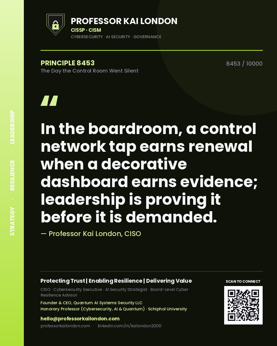 Professor Kai London principle 8453: In the boardroom, a control network tap earns renewal when a decorative dashboard earns evidence; leadership is proving it before it is demanded.