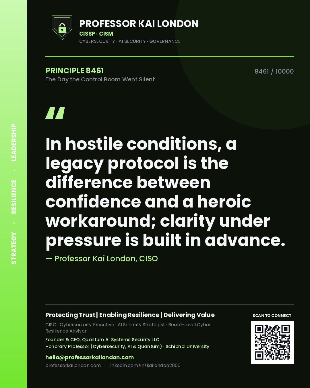 Quote card by Professor Kai London reading 'In hostile conditions, a legacy protocol is the difference between confidence and a heroic workaround; clarity under pressure is built in advance.'. From the book The Day the Control Room Went Silent.