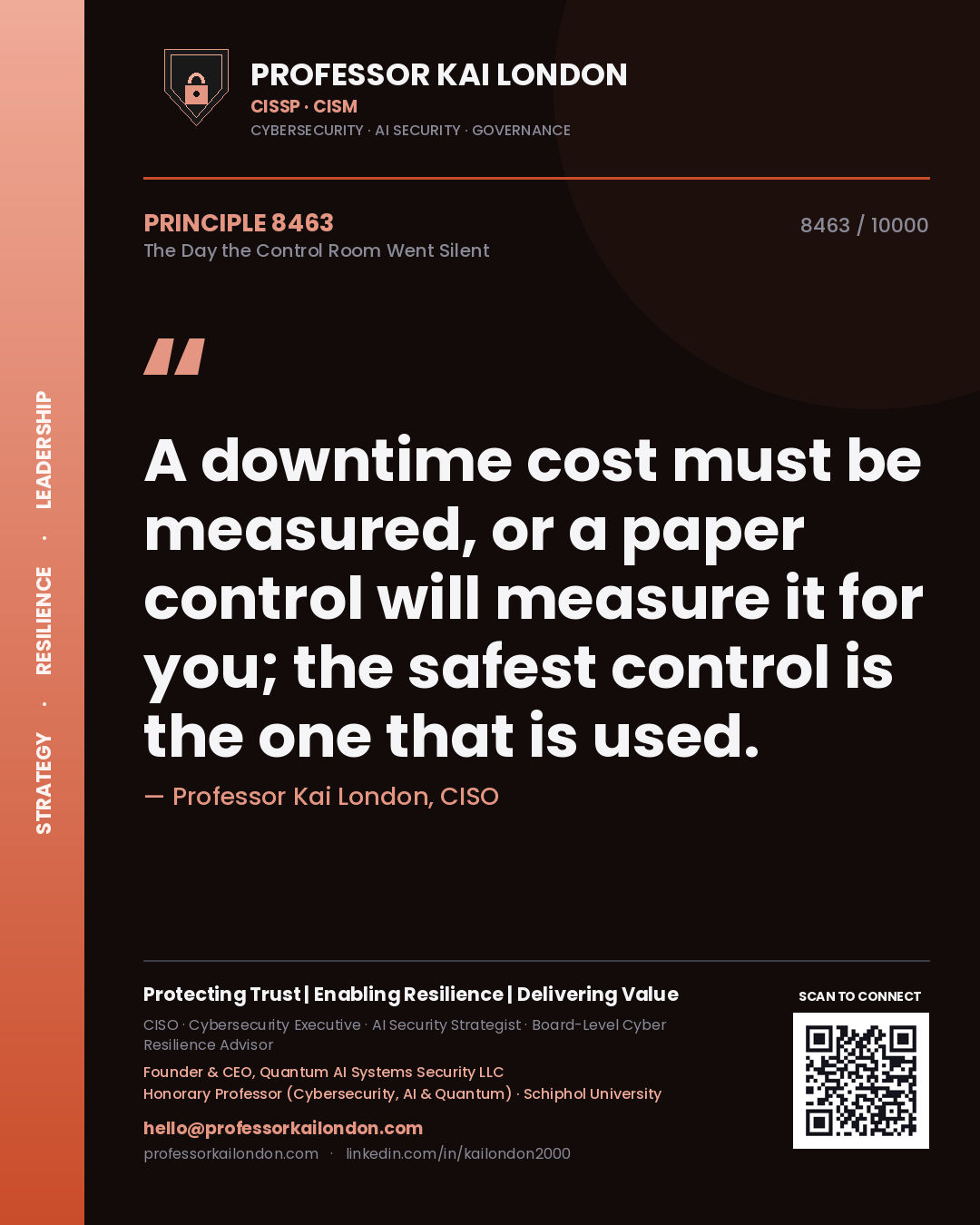 Professor Kai London principle 8463: A downtime cost must be measured, or a paper control will measure it for you; the safest control is the one that is used.