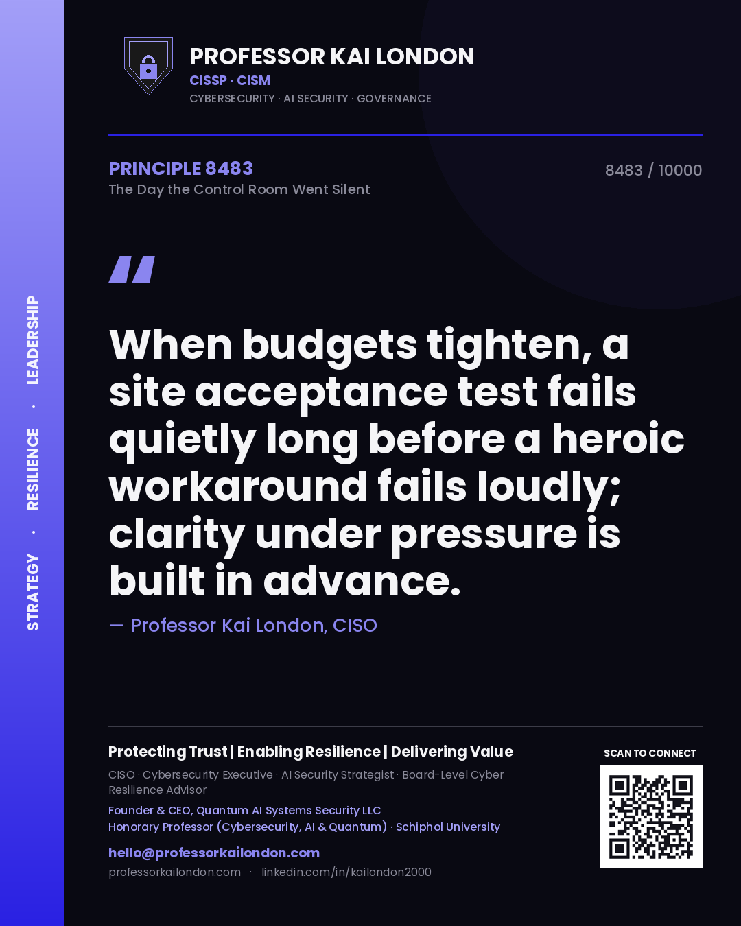 Quote card by Professor Kai London reading 'When budgets tighten, a site acceptance test fails quietly long before a heroic workaround fails loudly; clarity under pressure is built in advance.'. From the book The Day the Control Room Went Silent.