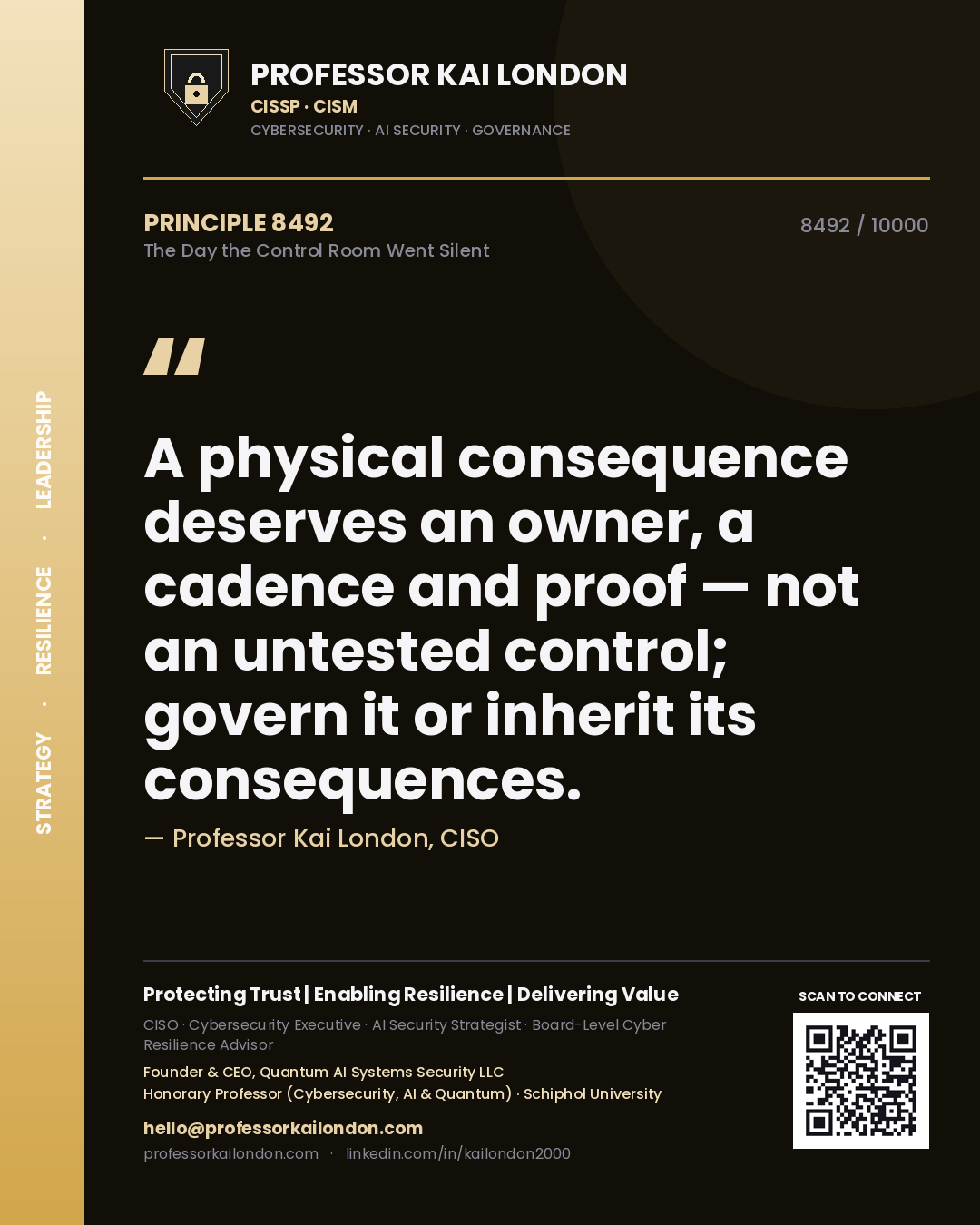 Professor Kai London principle 8492: A physical consequence deserves an owner, a cadence and proof — not an untested control; govern it or inherit its consequences.