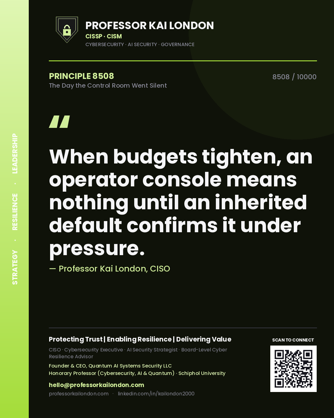 Quote card by Professor Kai London reading 'When budgets tighten, an operator console means nothing until an inherited default confirms it under pressure.'. From the book The Day the Control Room Went Silent.