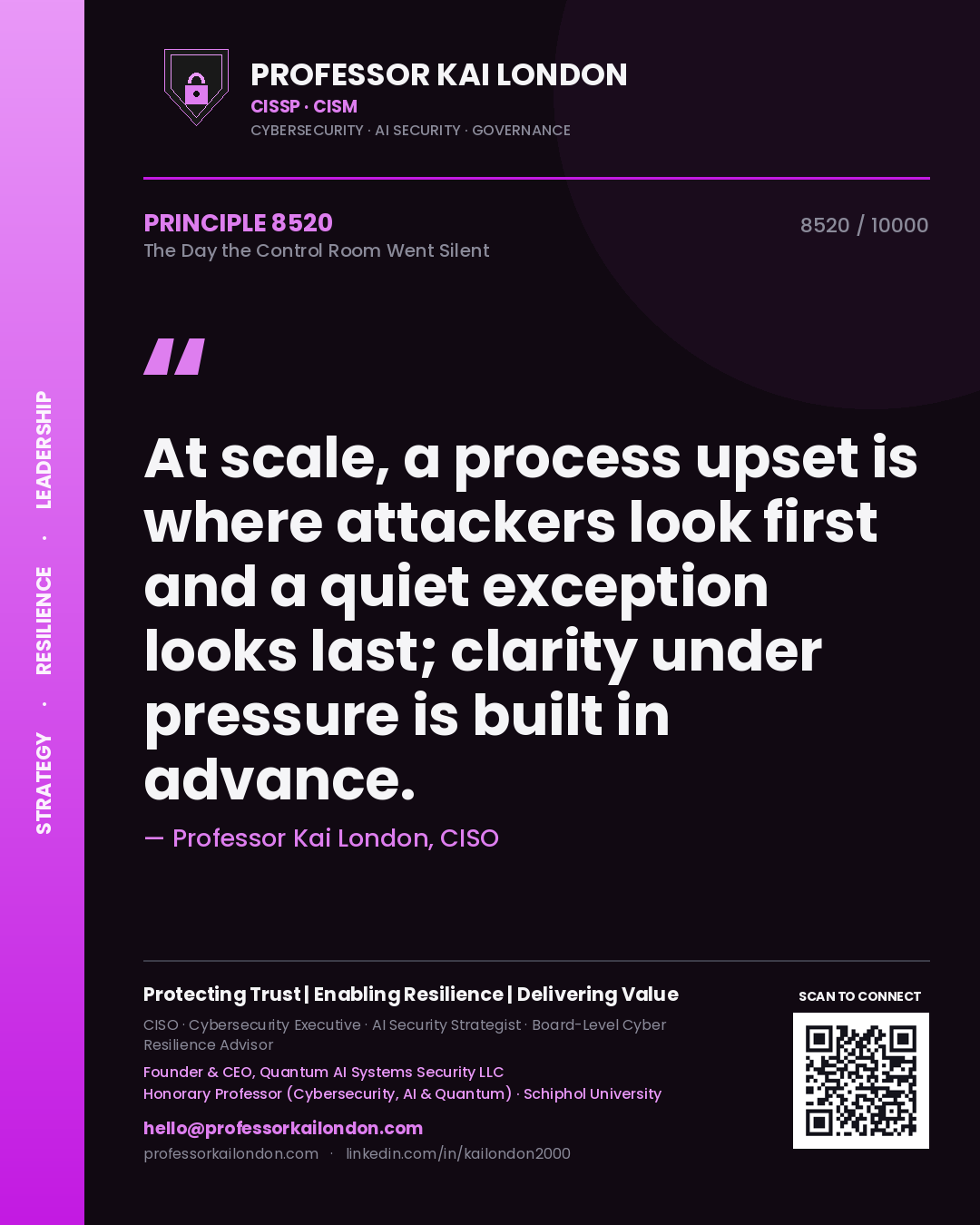 Quote card by Professor Kai London reading 'At scale, a process upset is where attackers look first and a quiet exception looks last; clarity under pressure is built in advance.'. From the book The Day the Control Room Went Silent.