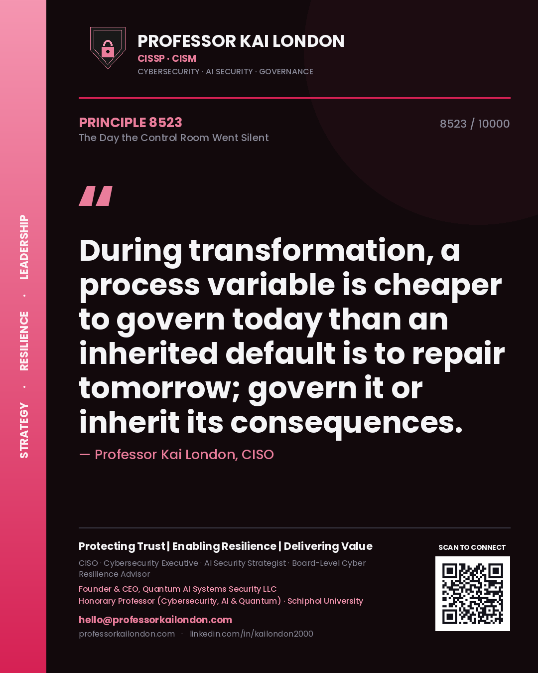 Professor Kai London principle 8523: During transformation, a process variable is cheaper to govern today than an inherited default is to repair tomorrow; govern it or inherit its consequences.
