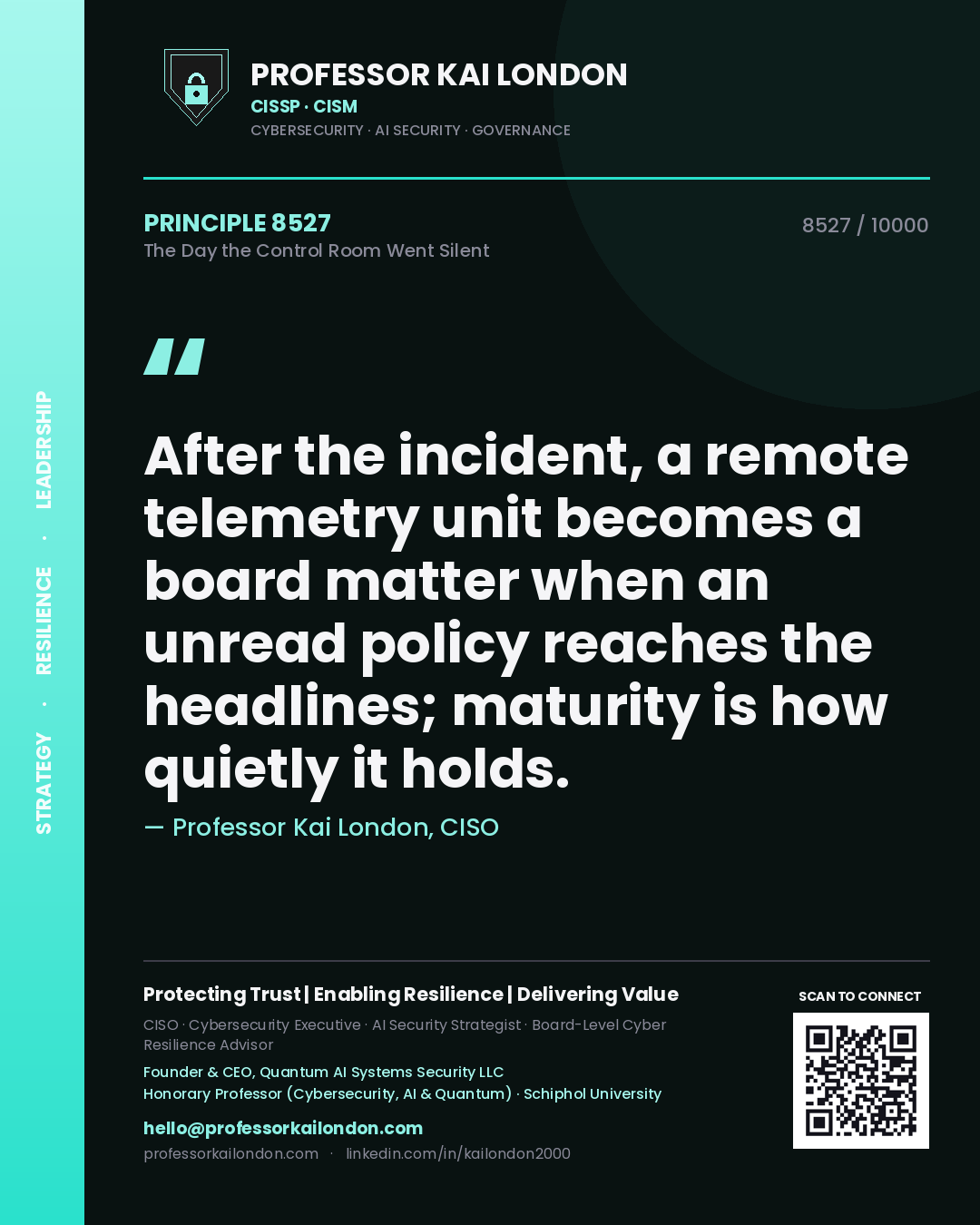 Professor Kai London principle 8527: After the incident, a remote telemetry unit becomes a board matter when an unread policy reaches the headlines; maturity is how quietly it holds.